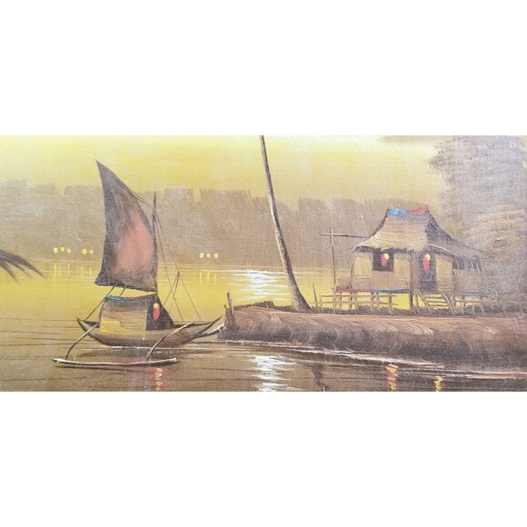 Signed Tropical Landscape Sampan Hut On Stilts Palm Tree Oil On Canvas Framed - Picture 2 of 5